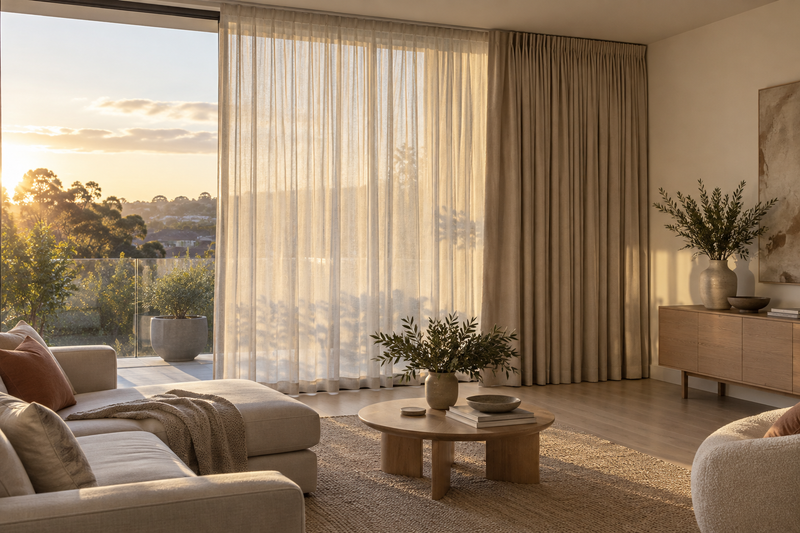 Layered sheer and blockout curtains filtering afternoon sun in a Sydney living room
