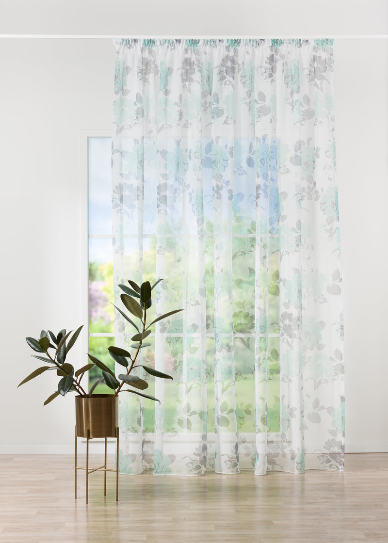 ROSSELA Turquoise/ grey floral Custom Made Curtains - sheer