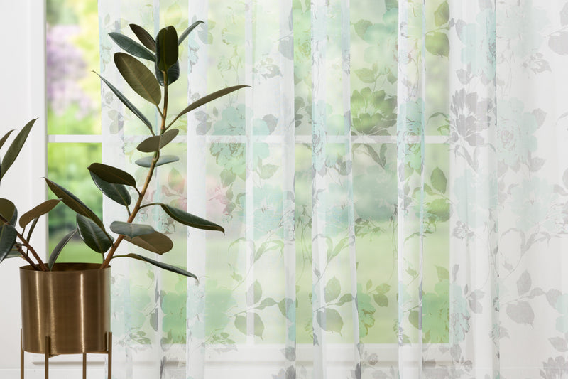 ROSSELA Turquoise/ grey floral Custom Made Curtains - sheer