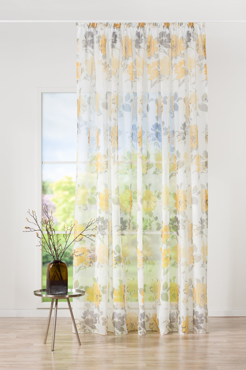 ROSSELA Yellow/ grey floral Custom Made Curtains - sheer